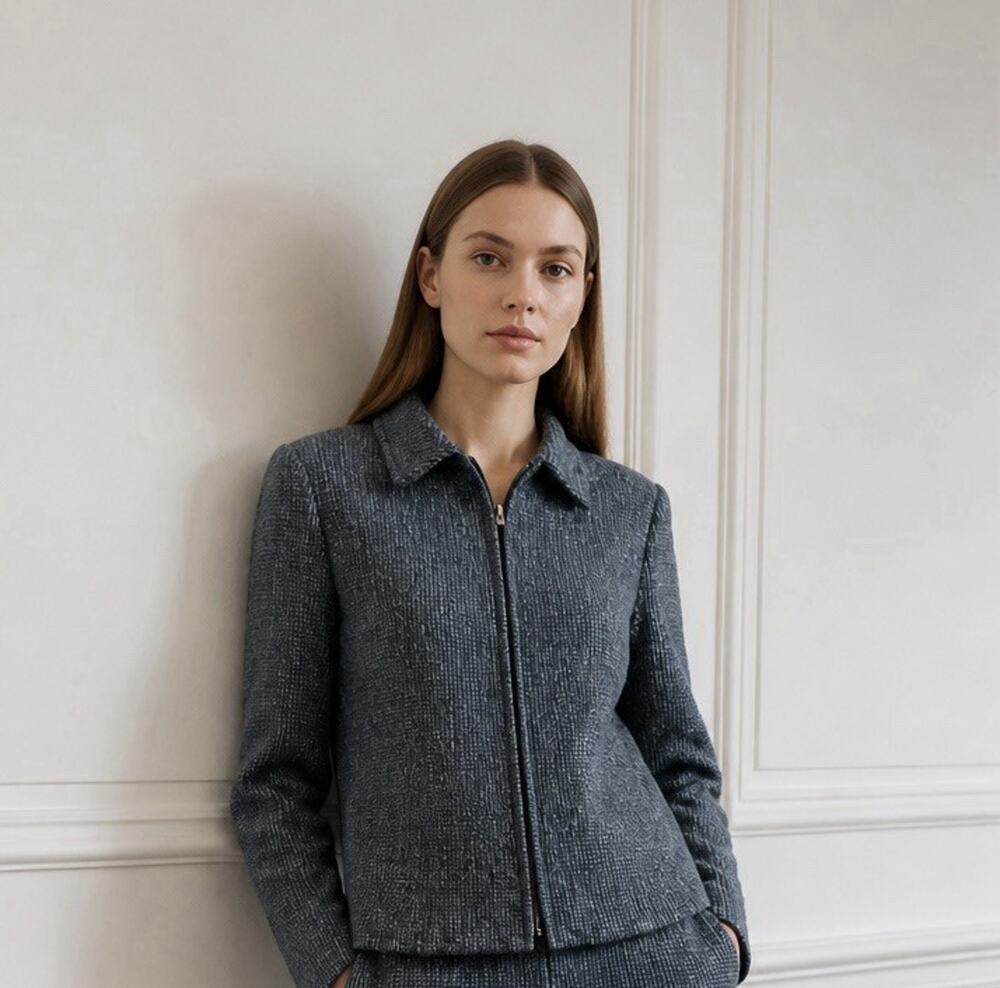 Vintage Jones New York Wool Gray/Blue Blend Tweed Zip Front Jacket Women Size 12